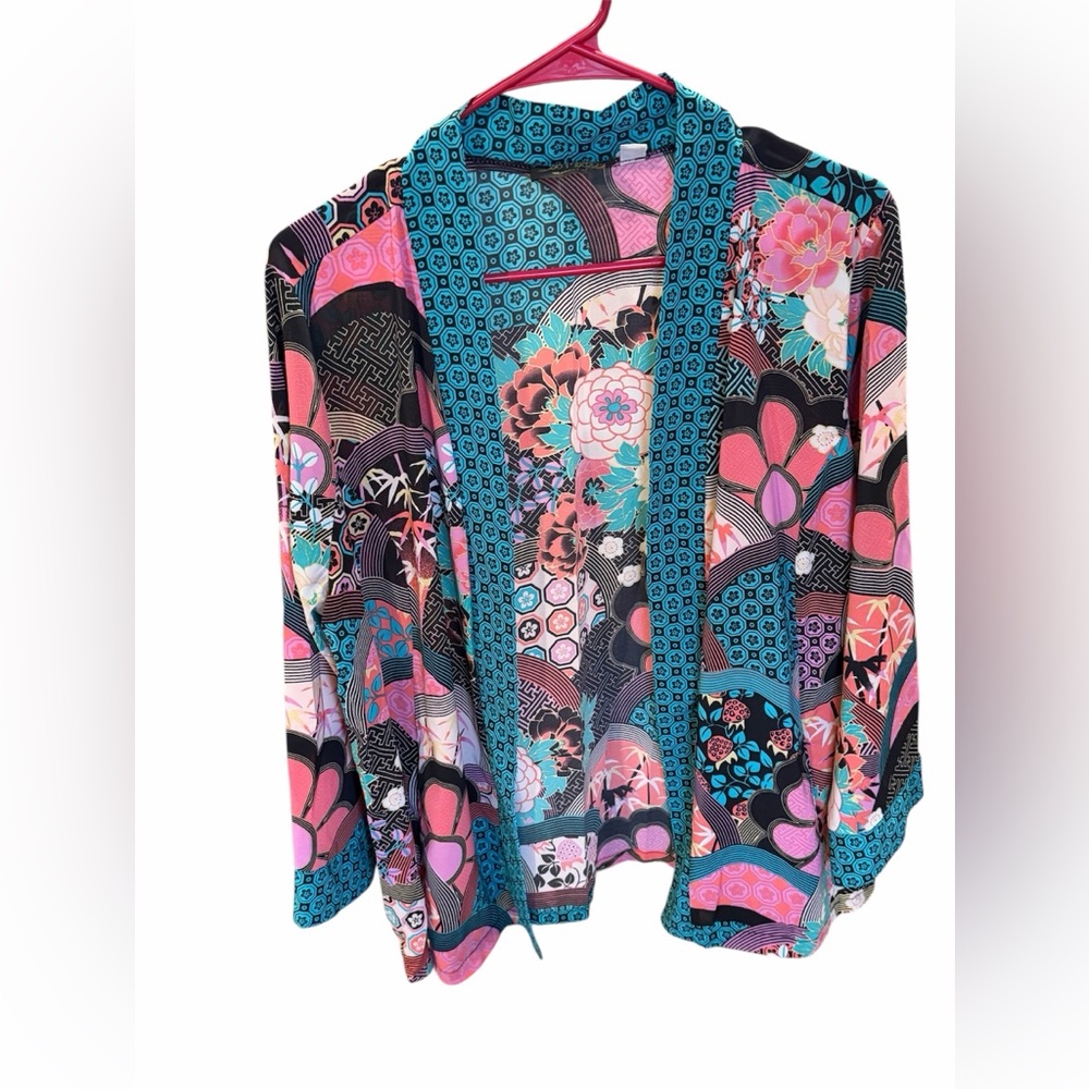 Bob Mackie Wearable Art Kimono Cardigan Size L Floral Open Front Pockets Teal